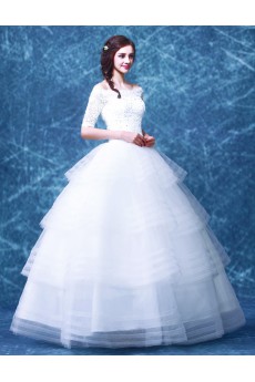 Lace, Organza Off-the-Shoulder Floor Length Half Sleeve Ball Gown Dress with Sequins
