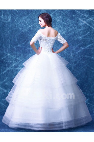 Lace, Organza Off-the-Shoulder Floor Length Half Sleeve Ball Gown Dress with Sequins