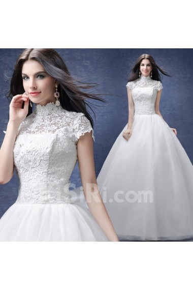 Lace, Organza High Collar Floor Length Cap Sleeve A-line Dress with Bow