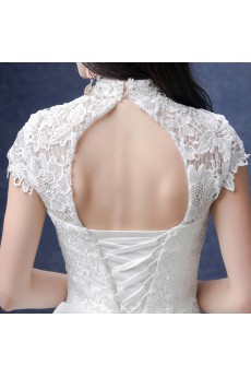 Lace, Organza High Collar Floor Length Cap Sleeve A-line Dress with Bow