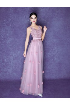 Organza V-neck Floor Length Sleeveless Sheath Dress with Sequins, Embroidered