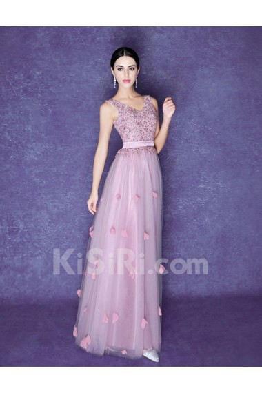 Organza V-neck Floor Length Sleeveless Sheath Dress with Sequins, Embroidered
