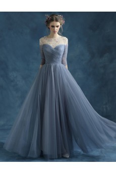 Tulle Jewel Floor Length Three-quarter A-line Dress with Rhinestone, Sequins