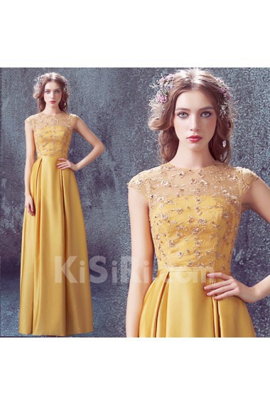 Lace, Satin Jewel Floor Length Cap Sleeve Column Dress with Embroidered
