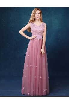 Tulle, Lace V-neck Floor Length Sleeveless A-line Dress with Rhinestone