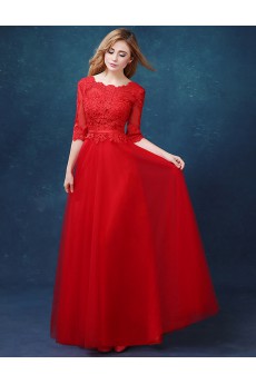 Tulle, Lace Scoop Floor Length Half Sleeve A-line Dress with Embroidered