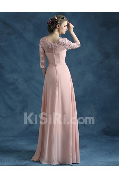 Lace, Chiffon Jewel Floor Length Half Sleeve Sheath Dress with Embroidered, Rhinestone
