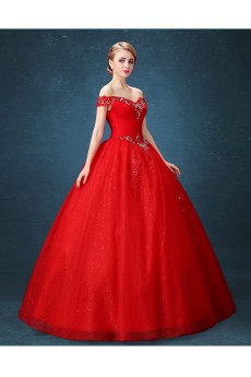 Tulle Off-the-Shoulder Floor Length Ball Gown Dress with Rhinestone
