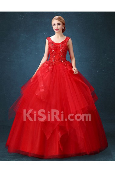 Tulle, Lace Scoop Floor Length Sleeveless Ball Gown Dress with Rhinestone, Beads