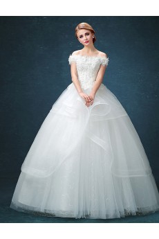 Lace Off-the-Shoulder Floor Length Ball Gown Dress with Handmade Flowers