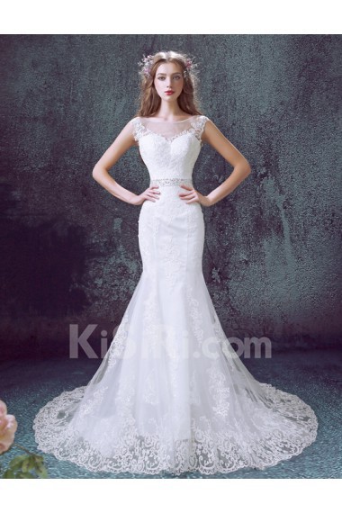 Lace, Organza Scoop Chapel Train Sleeveless Mermaid Dress with Sash, Sequins