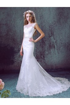 Lace, Organza Scoop Chapel Train Sleeveless Mermaid Dress with Sash, Sequins