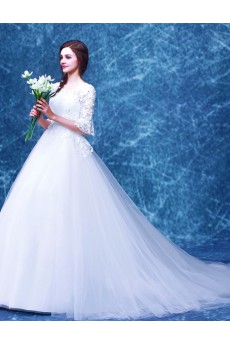 Organza Scoop Chapel Train Half Sleeve Ball Gown Dress with Beads