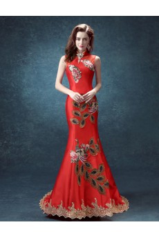 Satin High Collar Floor Length Sleeveless Mermaid Dress with Embroidered, Rhinestone