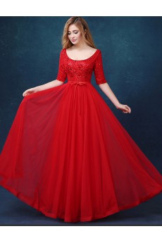 Tulle, Lace Scoop Floor Length Half Sleeve A-line Dress with Bow, Sequins