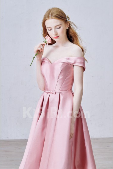 Satin Off-the-Shoulder Knee-Length A-line Dress with Bow
