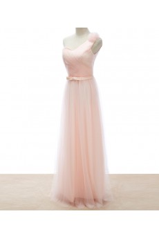 Tulle One-shoulder Floor Length Sleeveless A-line Dress with Bow, Handmade Flowers