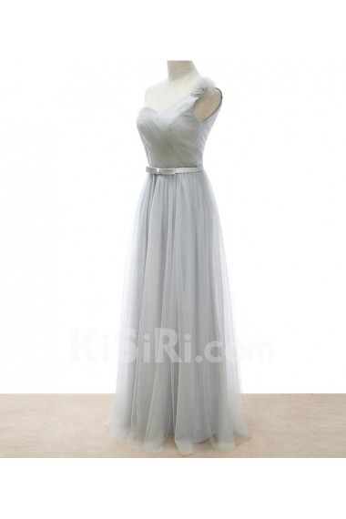 Tulle One-shoulder Floor Length Sleeveless A-line Dress with Bow, Handmade Flowers