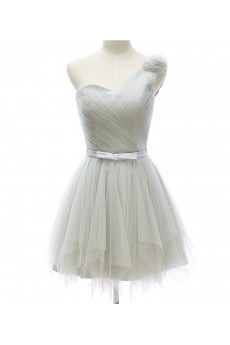 Tulle One-shoulder Mini/Short Sleeveless A-line Dress with Bow, Handmade Flowers