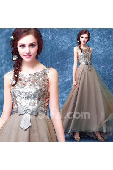 Tulle, Sequins Scoop Floor Length Sleeveless A-line Dress with Sequins, Bow