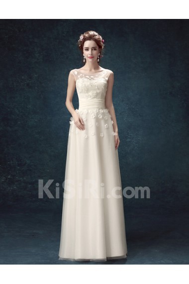 Chiffon, Organza Scoop Floor Length Sleeveless A-line Dress with Handmade Flowers