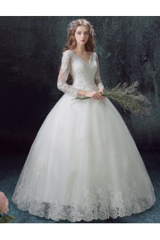 Organza, Lace V-neck Floor Length Long Sleeve Ball Gown Dress with Embroidered, Beads