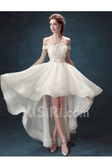 Lace, Tulle Off-the-Shoulder Knee-Length Ball Gown Dress with Embroidered
