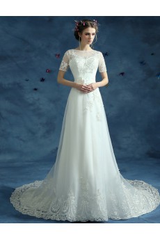 Tulle, Lace Bateau Chapel Train Short Sleeve A-line Dress with Bow