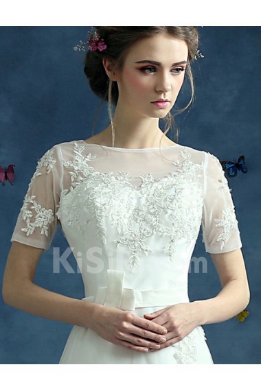 Tulle, Lace Bateau Chapel Train Short Sleeve A-line Dress with Bow