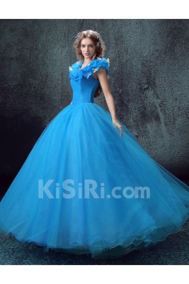 Lace, Chiffon, Tulle V-neck Floor Length Cap Sleeve Ball Gown Dress