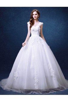 Organza Scoop Chapel Train Cap Sleeve Ball Gown Dress with Sequins