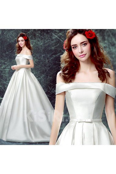 Satin Off-the-Shoulder Chapel Train Ball Gown Dress with Bow