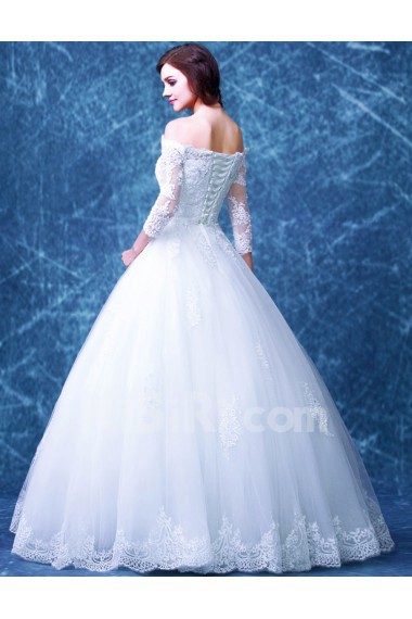 Lace, Tulle Off-the-Shoulder Floor Length Long Sleeve Ball Gown Dress with Beads