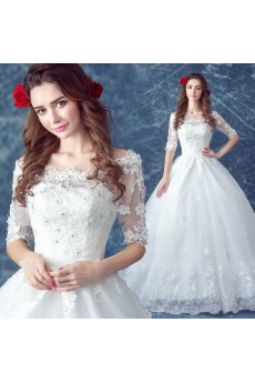 Lace, Organza Off-the-Shoulder Floor Length Half Sleeve Ball Gown Dress with Embroidered, Rhinestone