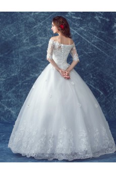Lace, Organza Off-the-Shoulder Floor Length Half Sleeve Ball Gown Dress with Embroidered, Rhinestone