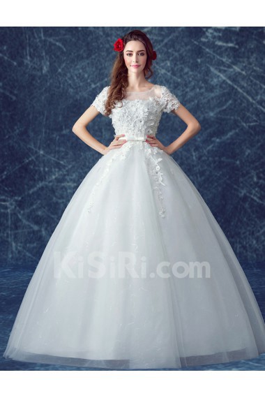 Tulle Scoop Floor Length Short Sleeve Ball Gown Dress with Rhinestone, Bow