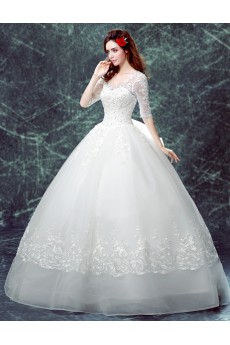 Organza V-neck Floor Length Half Sleeve Ball Gown Dress with Embroidered, Bow
