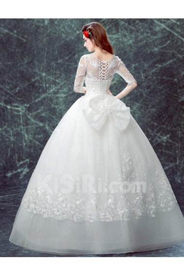 Organza V-neck Floor Length Half Sleeve Ball Gown Dress with Embroidered, Bow