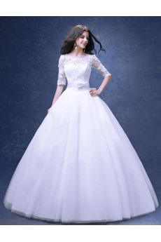 Lace, Organza Scoop Floor Length Half Sleeve Ball Gown Dress with Bow