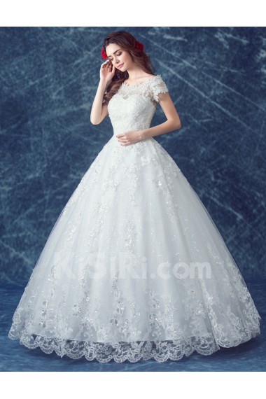 Tulle, Lace Off-the-Shoulder Floor Length Ball Gown Dress with Pearl