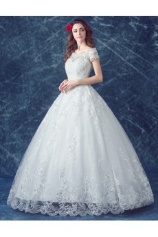 Tulle, Lace Off-the-Shoulder Floor Length Ball Gown Dress with Pearl