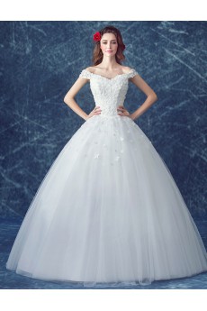 Tulle Off-the-Shoulder Floor Length Ball Gown Dress with Lace, Pearl