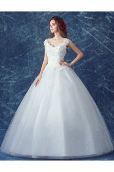 Lace, Organza V-neck Floor Length Cap Sleeve Ball Gown Dress with Embroidered, Sequins