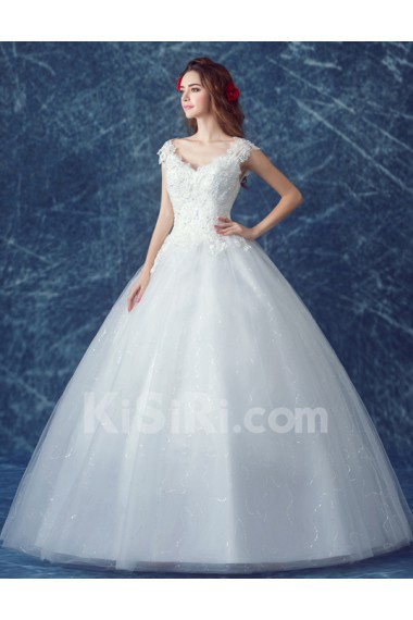 Lace, Organza V-neck Floor Length Cap Sleeve Ball Gown Dress with Embroidered, Sequins