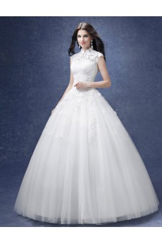 Tulle, Lace High Collar Floor Length Cap Sleeve Ball Gown Dress with Rhinestone