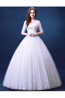 Lace, Tulle Scoop Floor Length Half Sleeve Ball Gown Dress with Rhinestone, Sequins