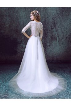 Lace, Tulle V-neck Sweep Train Half Sleeve A-line Dress with Sash, Beads