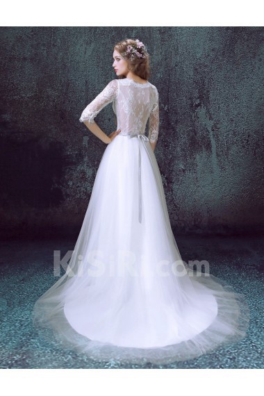 Lace, Tulle V-neck Sweep Train Half Sleeve A-line Dress with Sash, Beads