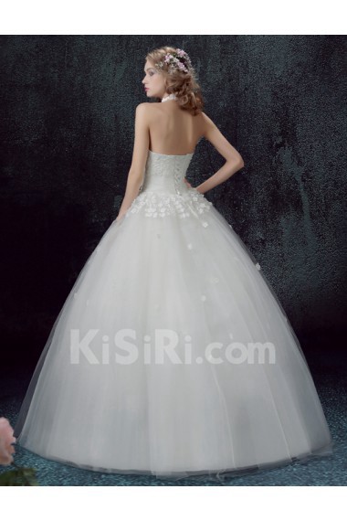 Lace, Chiffon, Tulle Halter Floor Length Sleeveless Ball Gown Dress with Pearl