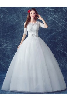 Tulle Square Floor Length Half Sleeve Ball Gown Dress with Bow, Sequins